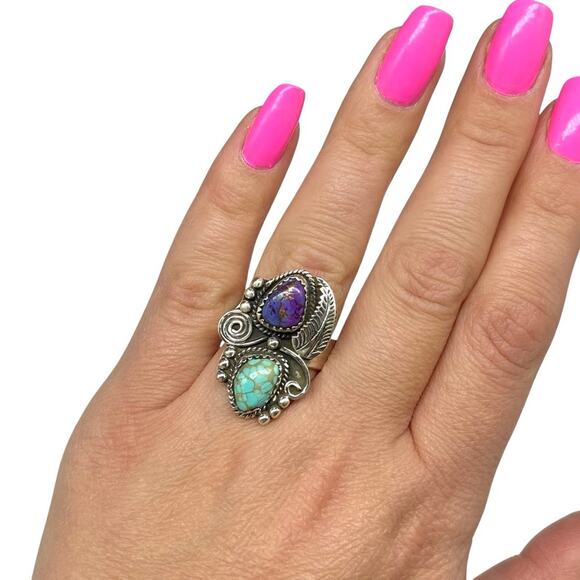 Purple Copper Turquoise Ring Solid 925 Sterling Silver Adjustable 6.5 7 7.5 8 - Picture 2 of 11